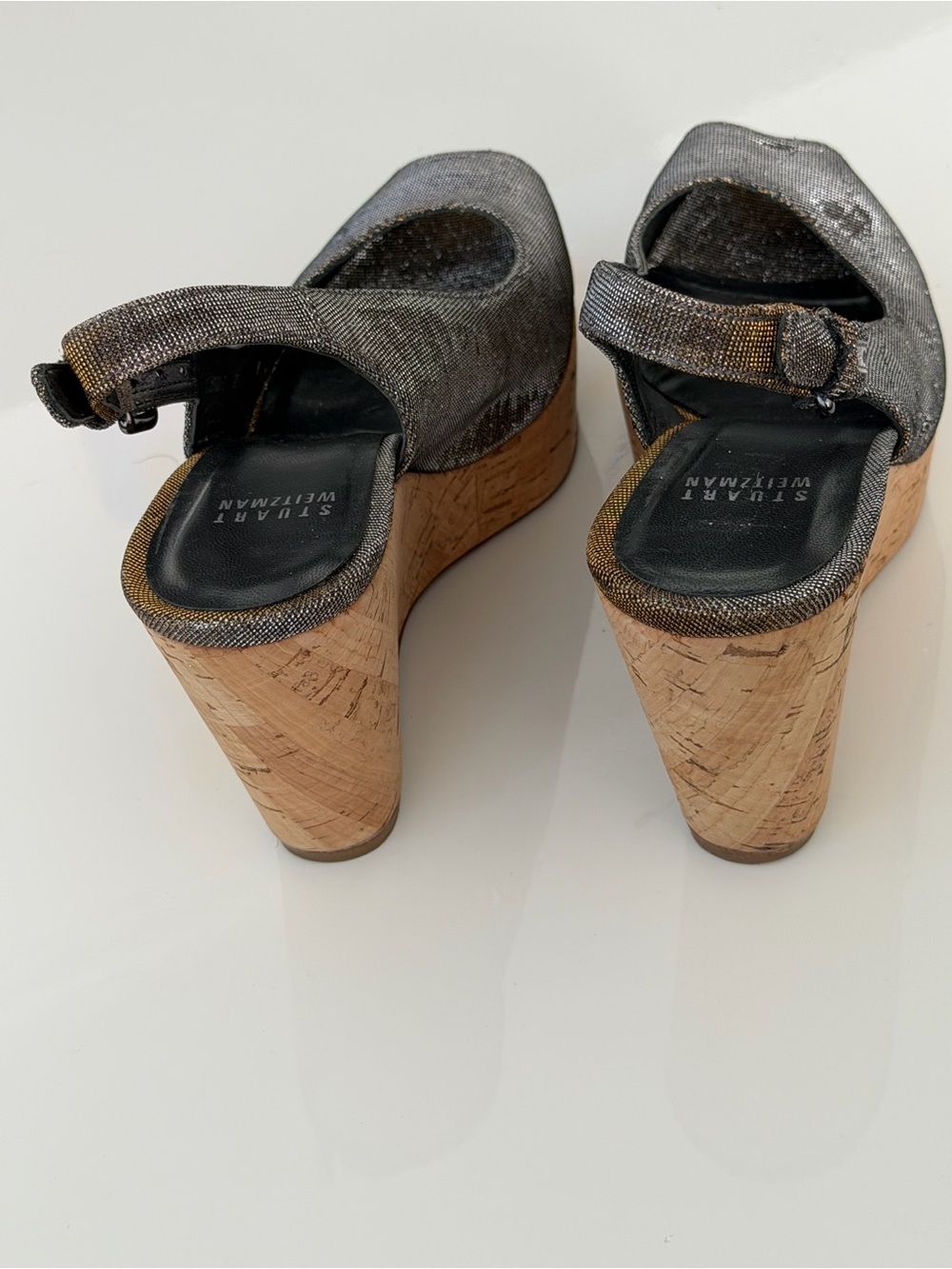 Stuart Weitzman Cork Wedge Slingback Peep Toe Shoes Bronze Metallic Size 7.5M - Picture 9 of 12